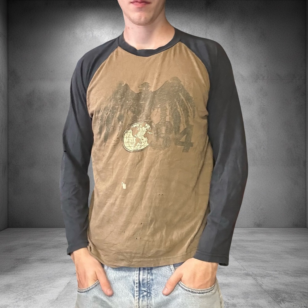 Vintage Streetwear Y2K Raglan Long Sleeve Shirt Eagle Graphic Tan Black XL